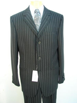 Stripe ~ Pinstripe Three ~ 3 Buttons Jet Black Chalk Super 120'S Worsted Super Fine Poly~rayon