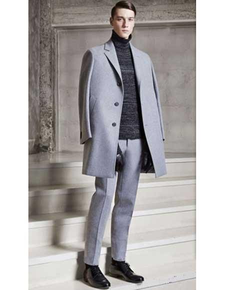 Men's Dress Coat Light Grey  ~ Silver Gray 3 Buttons  95% Wool Overcoat