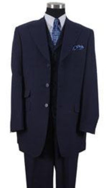 Men'S Peak Lapel Vested 3 Piece Ticket Pocket - Dark Blue Suit Color