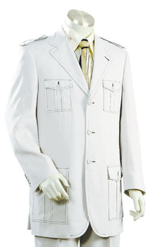 Men's 3 Button Fashion SAFARI Long Sleeve ( military style ) Suits For Men White