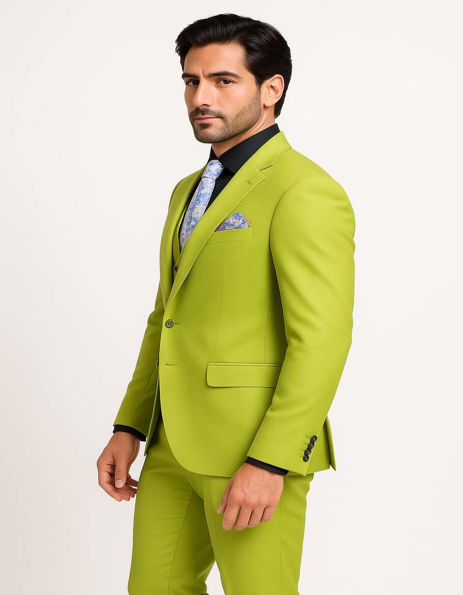 Men's Lime Green Three-Piece Suit with Floral Tie – Slim Fit Tuxedo for Weddings & Parties - Image 6