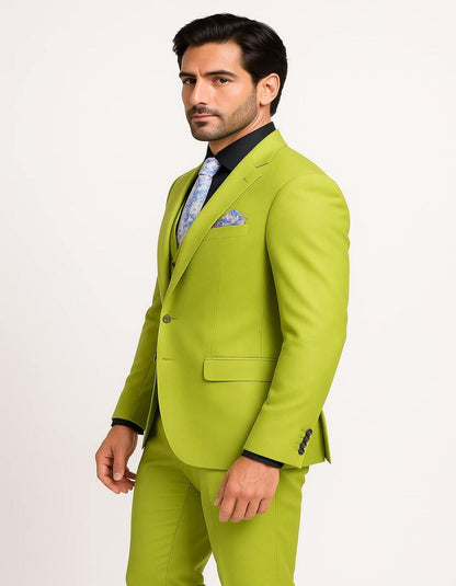 Men's Lime Green Three-Piece Suit with Floral Tie – Slim Fit Tuxedo for Weddings & Parties - Image 6