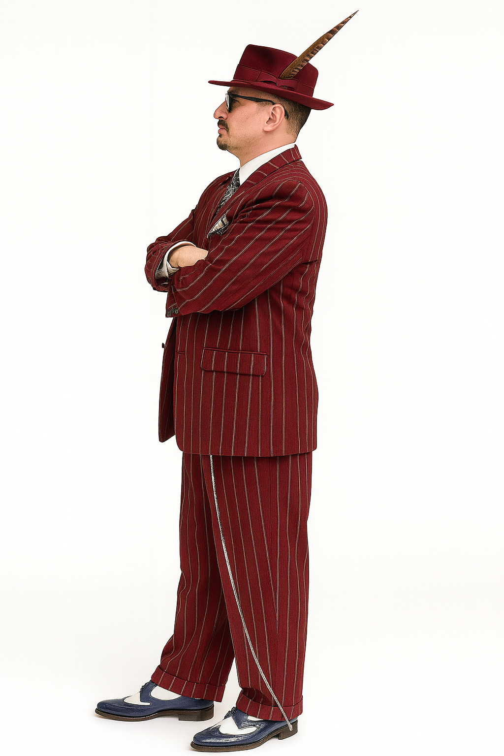 Burgundy Pinstripe Zoot Suit – 3 Piece 1920s/1930s Gangster Outfit (Jacket and Pants and Vest)  Vintage Fashion - Image 4
