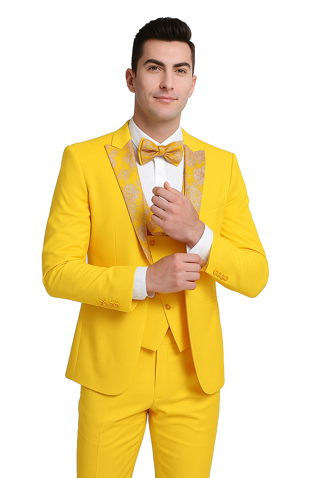 Radiant Golden Bloom Mens 3-Piece Suit with Floral Peak Lapel Modern Fit