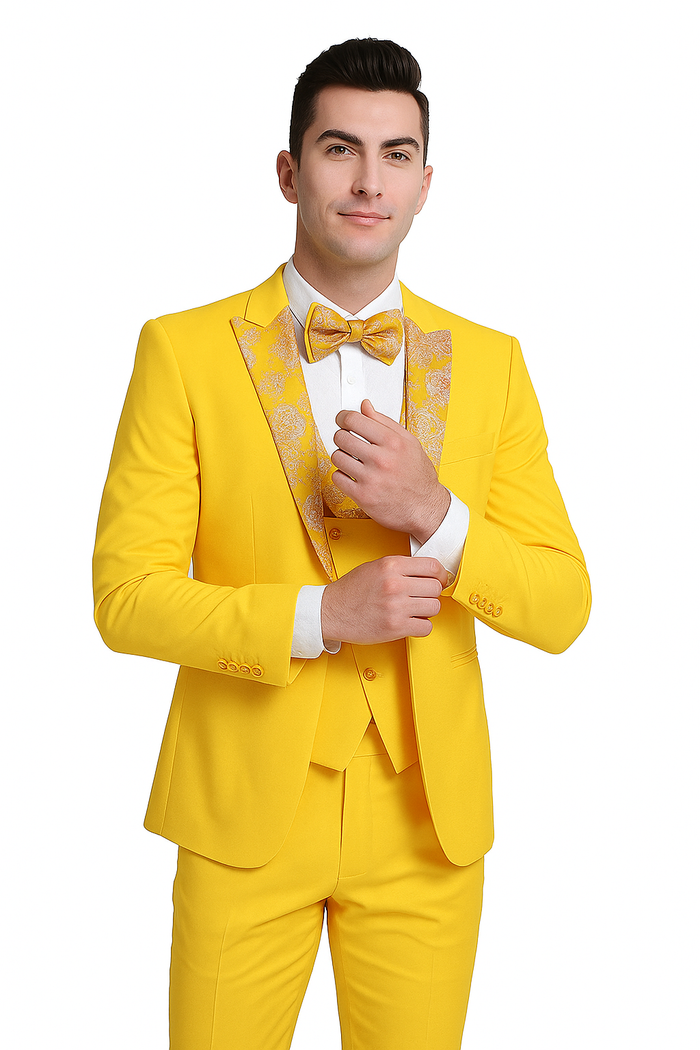 Radiant Golden Bloom Mens 3-Piece Suit with Floral Peak Lapel Modern Fit