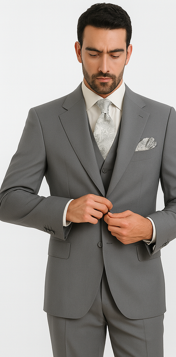 Three Button Suit - Classic Fit Pleated Pants - Mens Three Button Classic Fit Light Grey Vested Suit