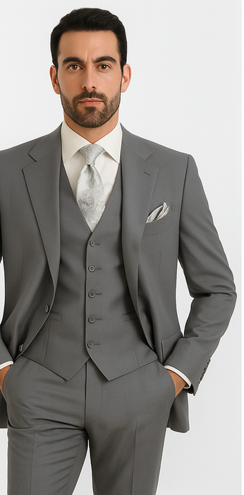 Three Button Suit - Classic Fit Pleated Pants - Mens Three Button Classic Fit Light Grey Vested Suit