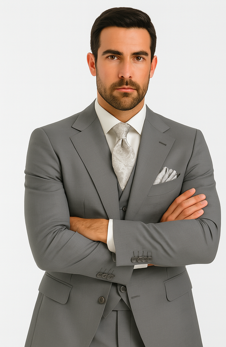Three Button Suit - Classic Fit Pleated Pants - Mens Three Button Classic Fit Light Grey Vested Suit