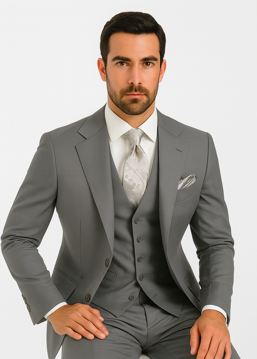 Three Button Suit - Classic Fit Pleated Pants - Mens Three Button Classic Fit Light Grey Vested Suit