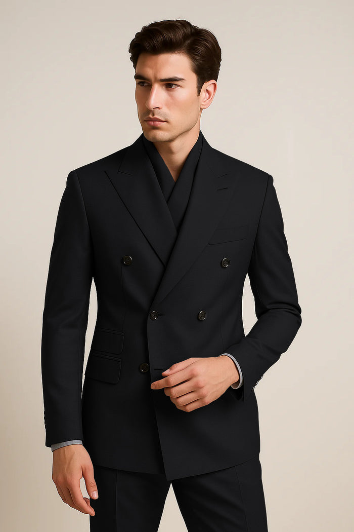 Tiglio Rosso Suit - Classic Fit Athletic Cut 100% Wool Super 150s Italian Fabric Peak Lapel Pleated Pants in Gray or Black or Navy Blue
