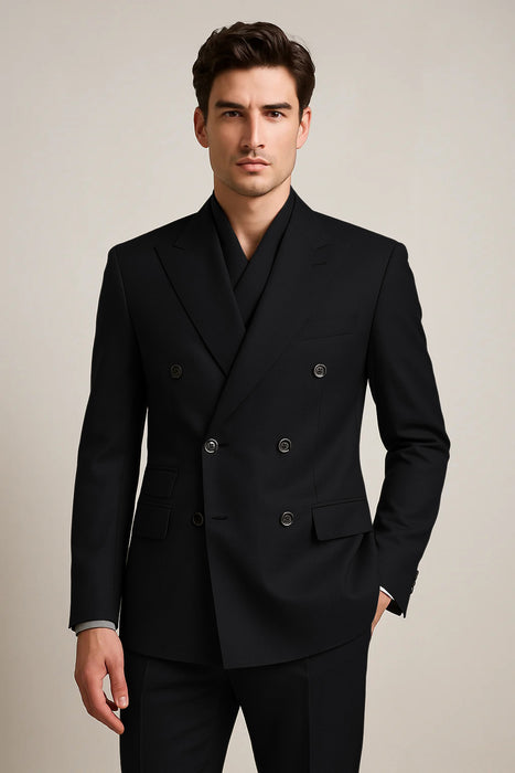 Tiglio Rosso Suit - Classic Fit Athletic Cut 100% Wool Super 150s Italian Fabric Peak Lapel Pleated Pants in Gray or Black or Navy Blue