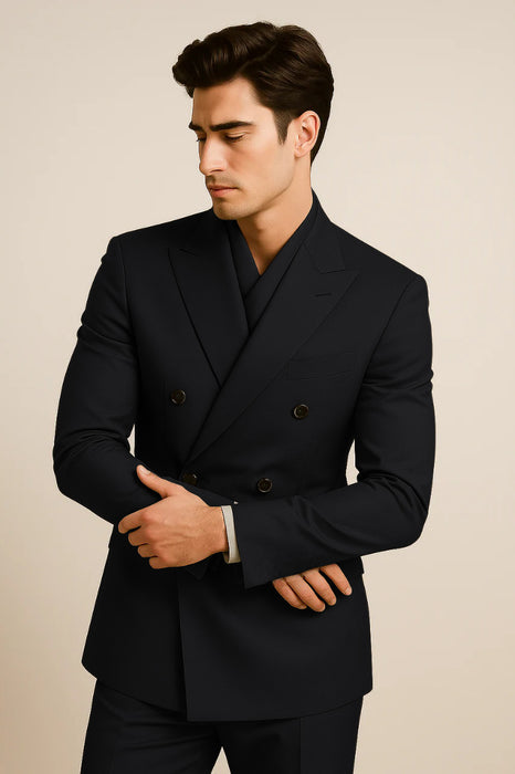 Tiglio Rosso Suit - Classic Fit Athletic Cut 100% Wool Super 150s Italian Fabric Peak Lapel Pleated Pants in Gray or Black or Navy Blue