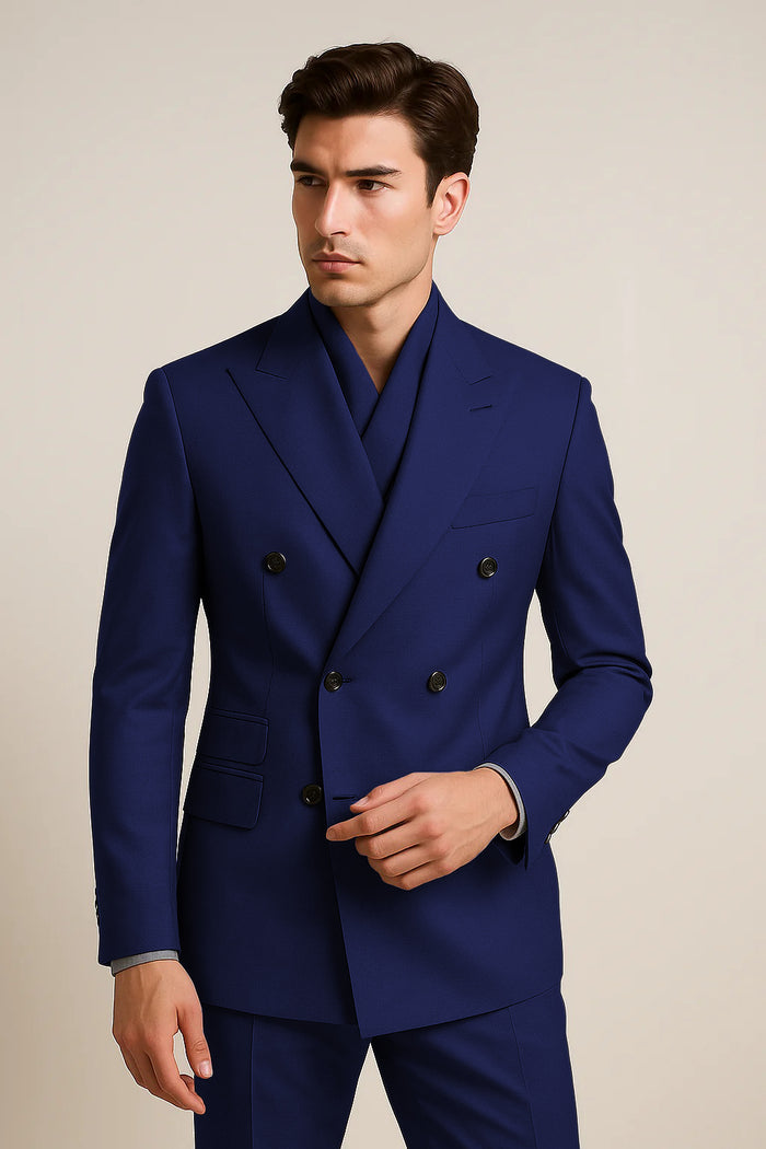 Tiglio Rosso Suit - Classic Fit Athletic Cut 100% Wool Super 150s Italian Fabric Peak Lapel Pleated Pants in Gray or Black or Navy Blue