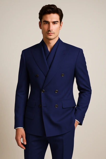 Tiglio Rosso Suit - Classic Fit Athletic Cut 100% Wool Super 150s Italian Fabric Peak Lapel Pleated Pants in Gray or Black or Navy Blue