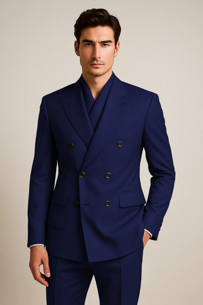 Tiglio Rosso Suit - Classic Fit Athletic Cut 100% Wool Super 150s Italian Fabric Peak Lapel Pleated Pants in Gray or Black or Navy Blue