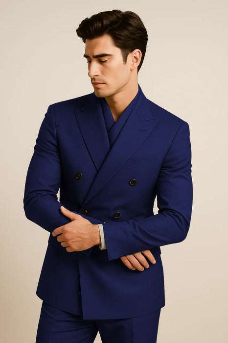 Tiglio Rosso Suit - Classic Fit Athletic Cut 100% Wool Super 150s Italian Fabric Peak Lapel Pleated Pants in Gray or Black or Navy Blue