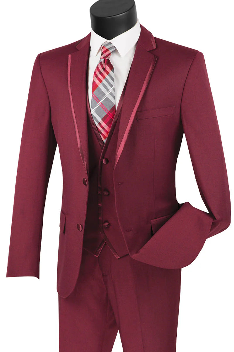 Mens Slim Vested Tuxedo Suit with Satin Trim in Burgundy — MensUSA