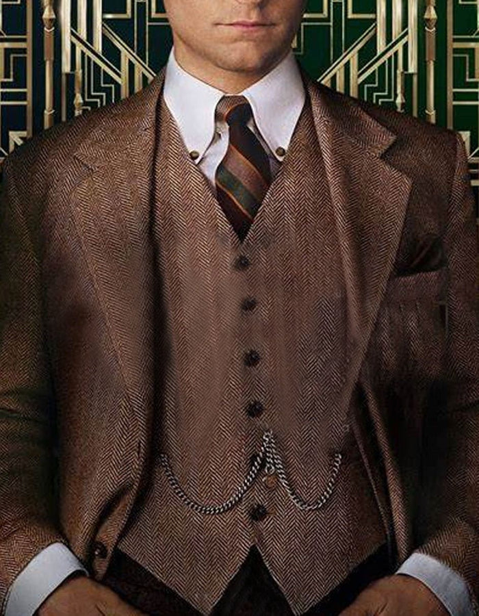 Men’s Light Brown Great Gatsby Tweed Herringbone Vested Suit, Tobey Maguire Inspired 1920s Formal Outfit Modern Fit