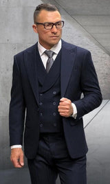 Tone on Tone Pinstripe - Shadow Stripe - Double Breasted Vest Suit - Wool Fabric Suit Black - 100% Percent Wool Fabric Suit - Worsted Wool Business Suit