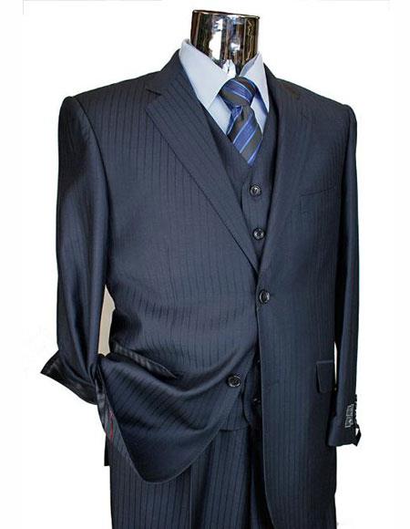 Tone on Tone Shadow Stripe Athletic Cut Classic Suits Men's suit Classic Relax Fit Pleated Pants 19 Inch Bottom Dark Navy