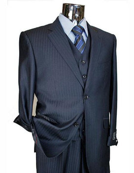 Tone on Tone Shadow Stripe Athletic Cut Classic Suits Men's suit Classic Relax Fit Pleated Pants 19 Inch Bottom Dark Navy