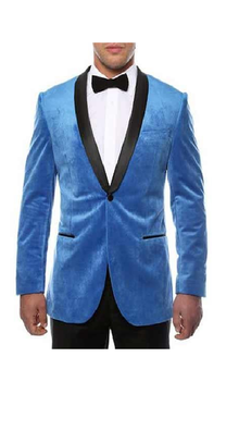Turquoise ~ Blue 1 Button Men'S Shawl Lapel Side Vented Black Velvet Velour With Sheen Two Toned With Black Lapel Blazer