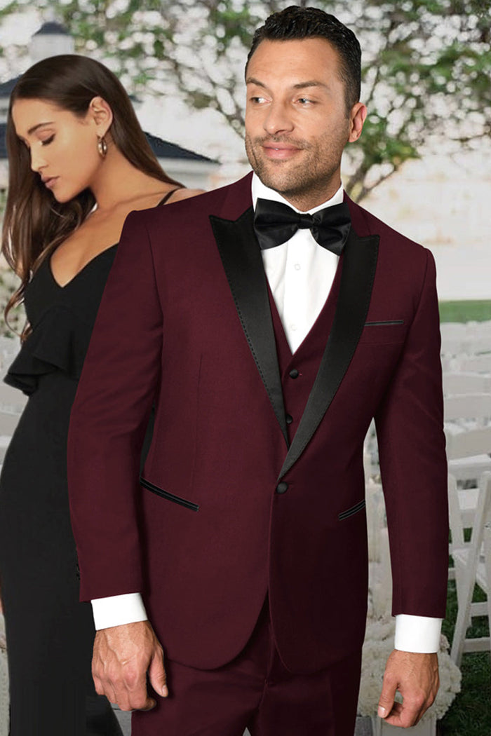 Men’s Burgundy Vested Wedding Tuxedo, One Button Jacket with Black Peak Lapel and Matching Pants