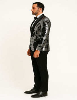 Men's Black and Silver Gray Sequin Tuxedo Blazer With Black Pants - Image 3
