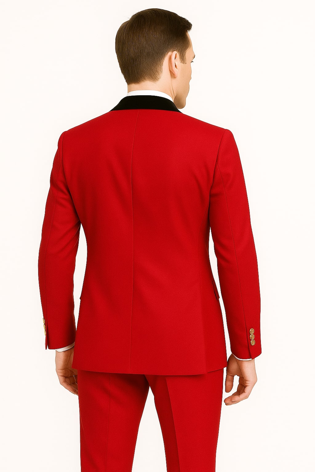 Men's Red Double-Breasted Wedding Tuxedo with Black Velvet Lapel and Gold Buttons - Christmas New Year Suit - Image 4