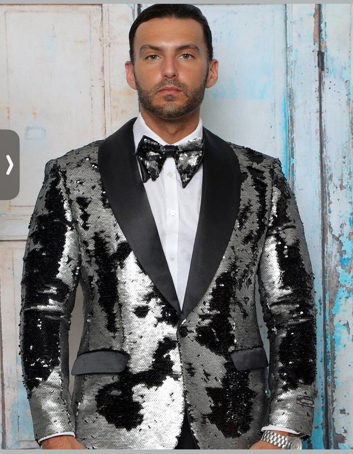 Men's Black and Silver Gray Sequin Tuxedo Blazer With Black Pants - Image 4