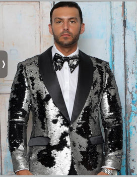 Men's Black and Silver Gray Sequin Tuxedo Blazer With Black Pants - Image 4