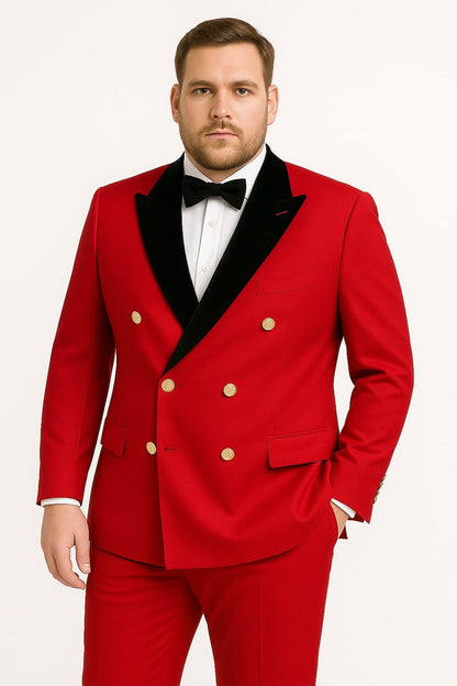 Men's Red Double-Breasted Wedding Tuxedo with Black Velvet Lapel and Gold Buttons - Christmas New Year Suit - Image 3
