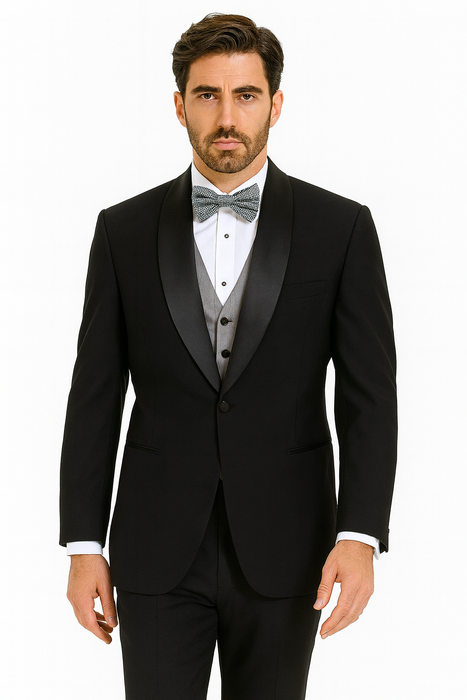 Tux Men'S Tuxedo Shawl Collor Super 120'S Suit + Shirt + Any Color Bow Tie - 100% Percent Wool Fabric Suit - Worsted Wool Business Suit