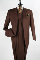 Apollo King Designer Brand Mens Classic Fit 3 Button Vested Single Pleated Pant Suit in Chocolate Brown
