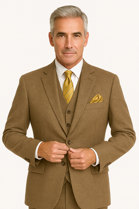 Tweed Herringbone ~ Cognac ~ Herringbone 2 Button Slim Fitted Tapered Vested Suit Ves