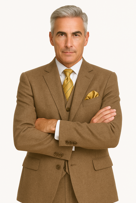 Tweed Herringbone ~ Cognac ~ Herringbone 2 Button Slim Fitted Tapered Vested Suit Ves