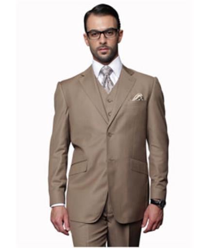 Men's 2 Button Pleated Pants Vested 3 Piece Fine Brands Best Italian Style Cut Suits 100% Bronze ~ Camel - 100% Percent Wool Fabric Suit - Worsted Wool Business Suit