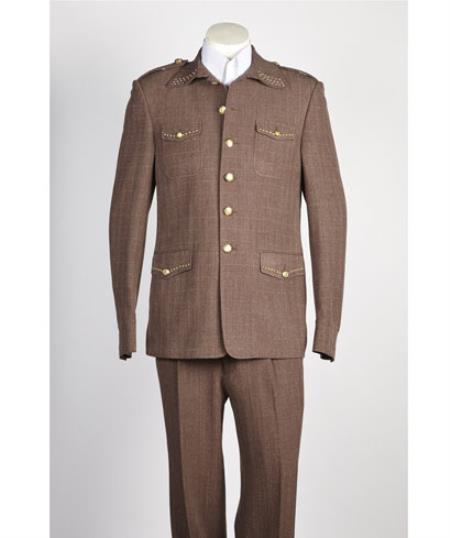 Men's diamond nail heads 2 Button Safari Military Style Suit Brown ~ Taupe ~ Coffee