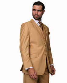 Men's Camel 2 Button 100% Vested 3 Piece Fine Brands Best Italian Style Cut Suits Pleated Pants - 100% Percent Wool Fabric Suit - Worsted Wool Business Suit
