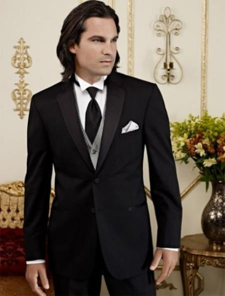 Men'S Black Tapered Leg Lower Rise Pants Two Button Tuxedo