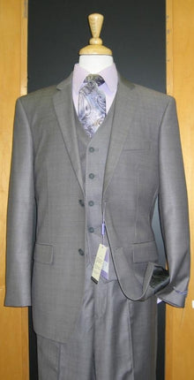 Two Button Grey Sharkskin Flat Front Three Piece Suit