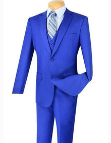 Men's Three Piece Indigo ~ Bright Blue Blue  Slim Fit 2 Button Vested Suit