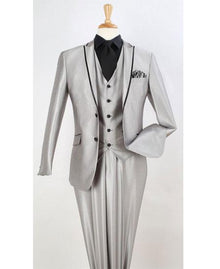 Men's Two Toned And Fashion Light Gray Trim Lapel Wedding / Prom / Homecoming Tuxedo Vested 3 Pieces