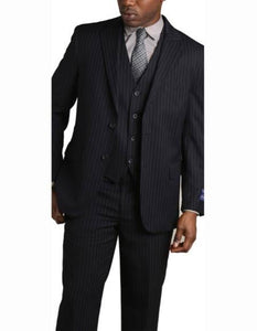 Men's 2 Button Vested Banker Pinstripe ~ Stripe 3 Piece Suit Dark Navy