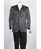 Men's Vested 2 Button Olive Green Paisley Blazer With Studded Trim, and black dress pants