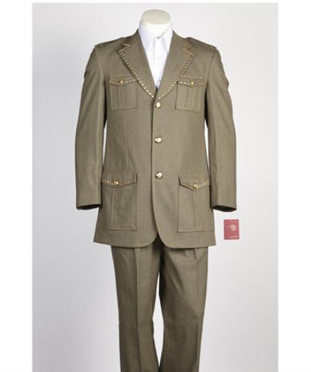 Men's diamond nail heads 2 Button Safari Military Style Olive Suit