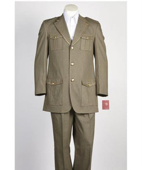 Men's diamond nail heads 2 Button Safari Military Style Olive Suit