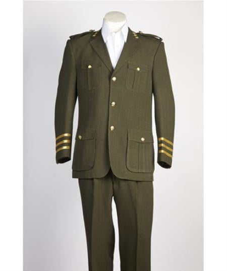 Men's diamond nail heads 2 Button Olive Safari Military Style Suit