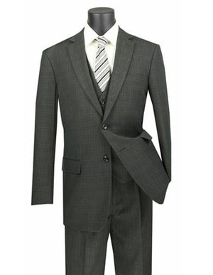 Two Button Poly/Rayon 3 Piece Regular Fit Plaid ~ Window Pane Olive Vested Suit