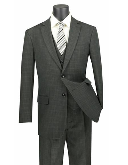 Two Button Poly/Rayon 3 Piece Regular Fit Plaid ~ Window Pane Olive Vested Suit